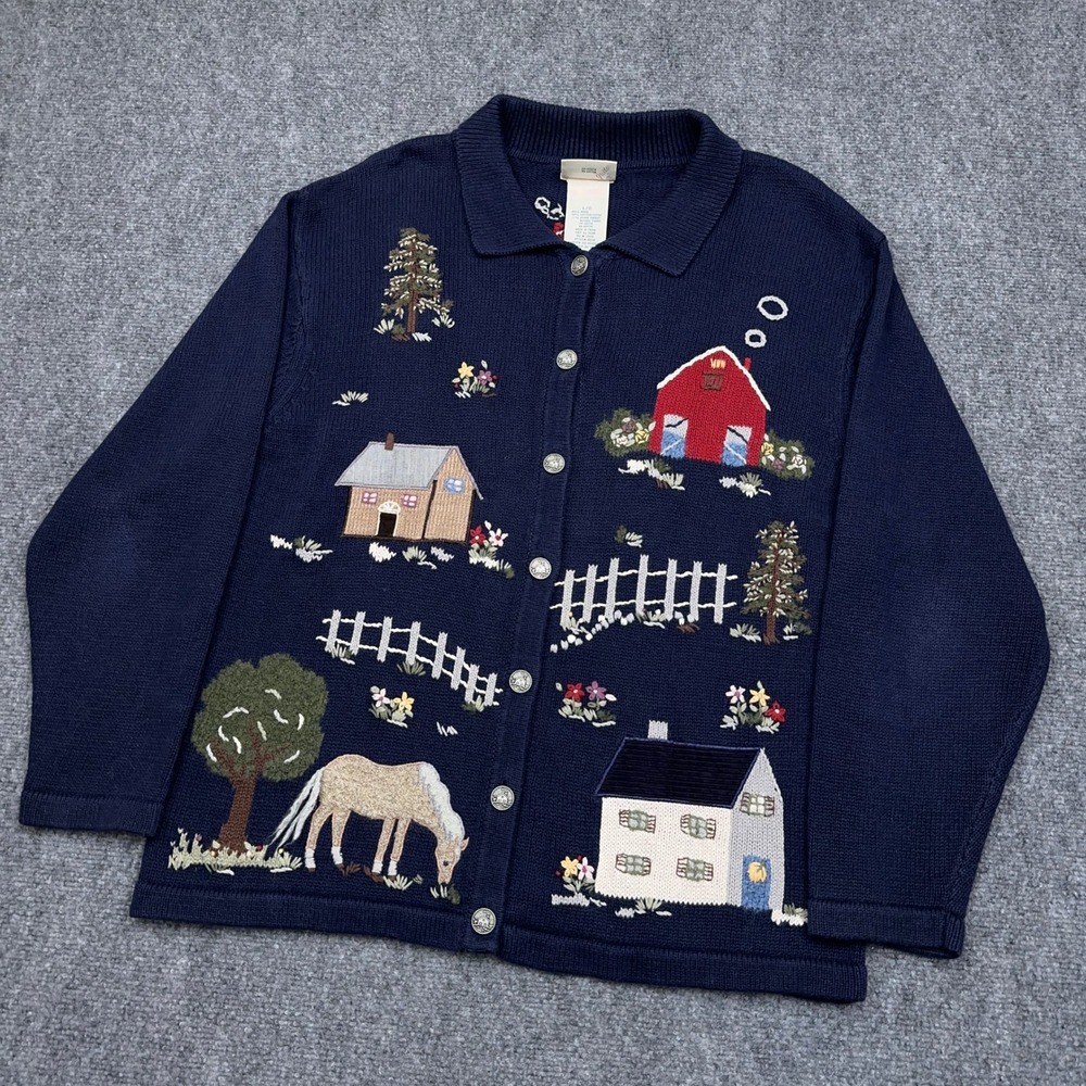 Northern Reflections Cardigan Womens Large Farm Folk Art Americana Embroidered